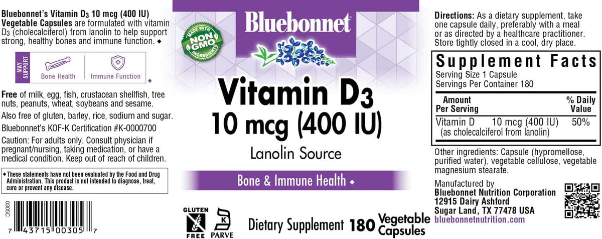 Bluebonnet Nutrition Vitamin D3 400 IU - Vegetable Capsules, 180 Capsules - görsel 6