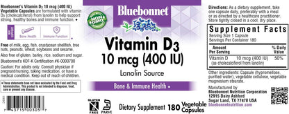 Bluebonnet Nutrition Vitamin D3 400 IU - Vegetable Capsules, 180 Capsules