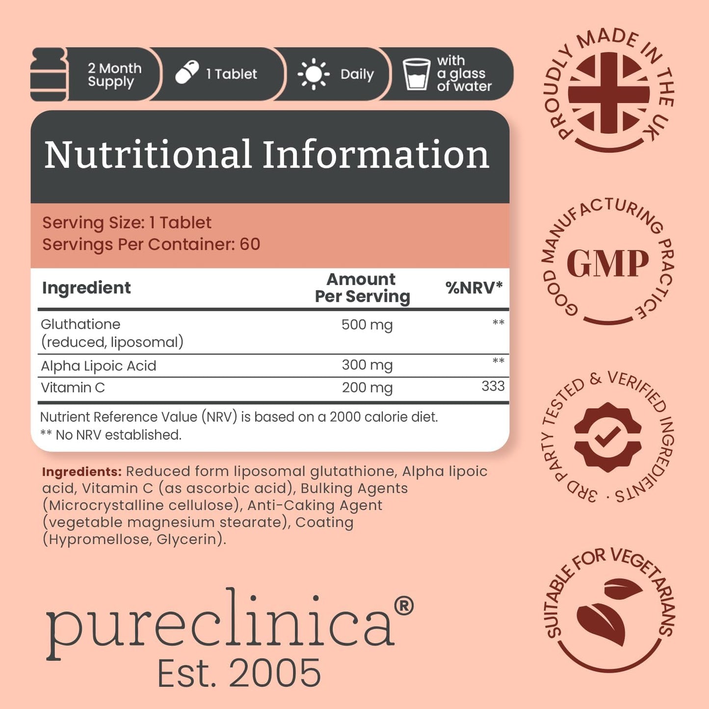 pureclinica Glutathione 1000mg (500mg Glutathione, 300mg ALA, 200mg Vitamin C) - 60 Tablets - görsel 2