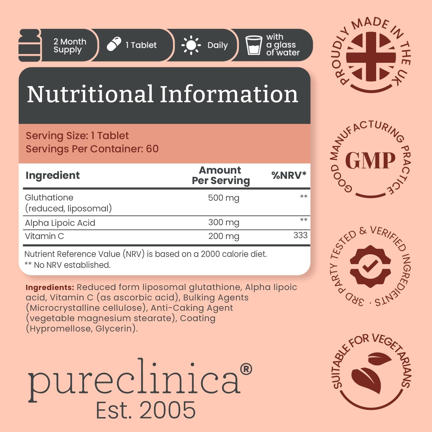 pureclinica Glutathione 1000mg (500mg Glutathione, 300mg ALA, 200mg Vitamin C) - 60 Tablets - görsel 2