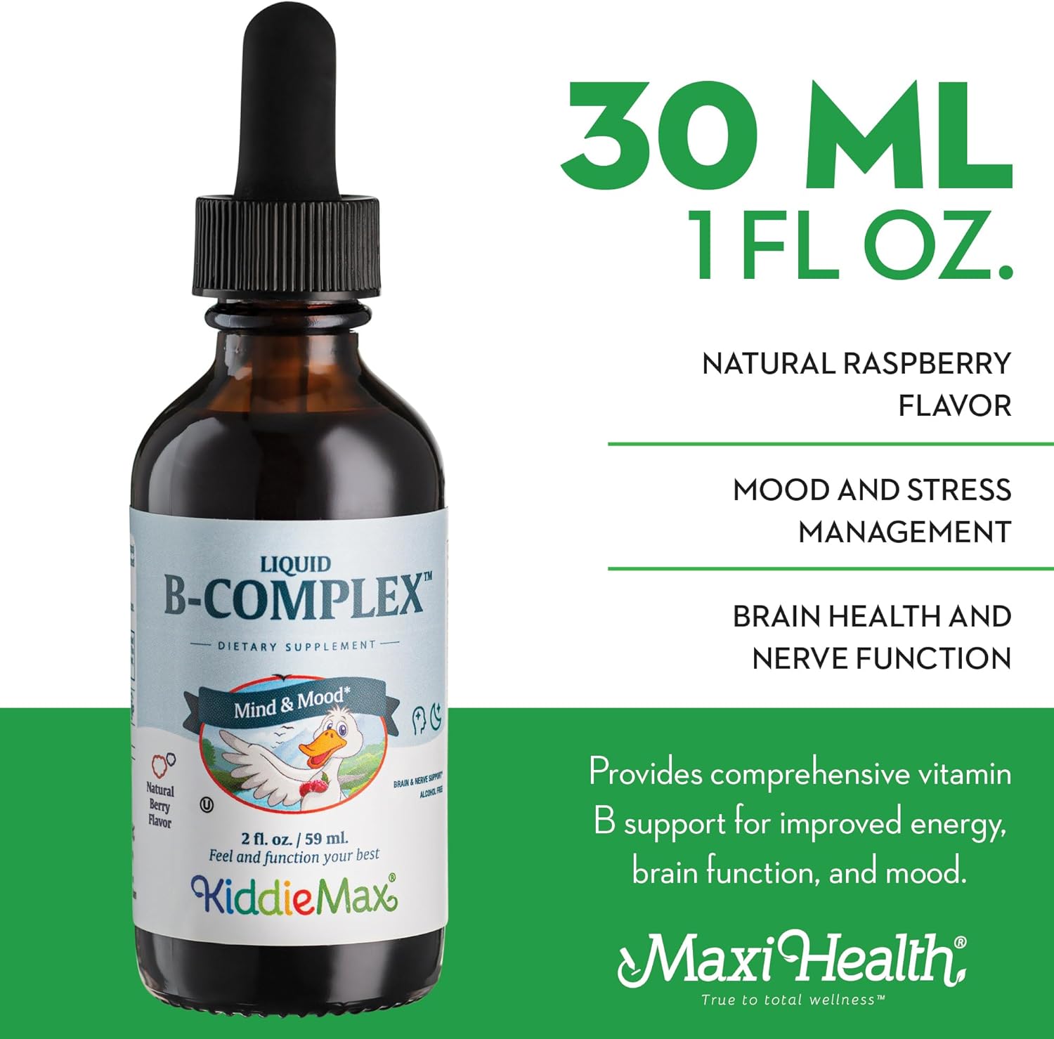 Maxi Health Liquid Vitamin B Complex – 9 Essential B Vitamins with B1, B6, B12 (Methylcobalamin) – Contributes to Normal Energy Metabolism, Nervous System & Immune Function – Raspberry, 59 ml - görsel 3