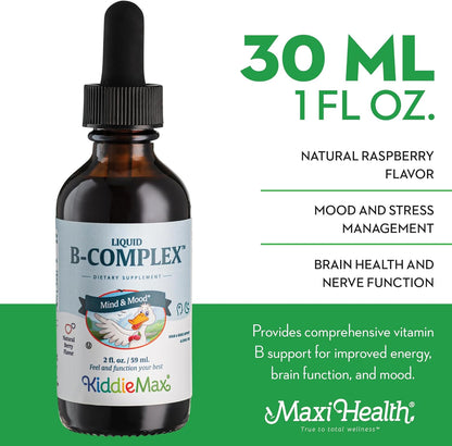 Maxi Health Liquid Vitamin B Complex – 9 Essential B Vitamins with B1, B6, B12 (Methylcobalamin) – Contributes to Normal Energy Metabolism, Nervous System & Immune Function – Raspberry, 59 ml