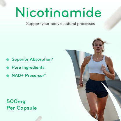 Vitamin B3 Nicotinamide 500mg – Flush Free Niacin Supplement for Energy, Skin & Nervous System Support – NAD Precursor – 180 Capsules