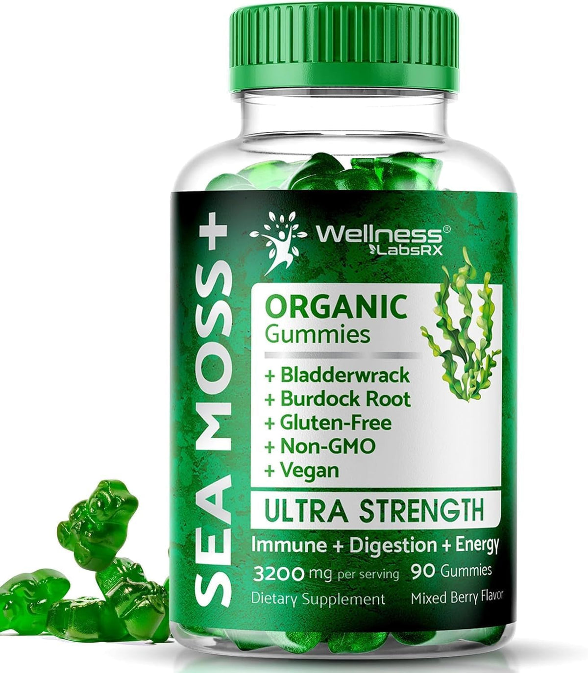 WELLNESS LABSRX Sea Moss Gummies - 3200mg Irish Sea Moss, Bladderwrack & Burdock Root - Mixed Berry - 90 Count - görsel 1
