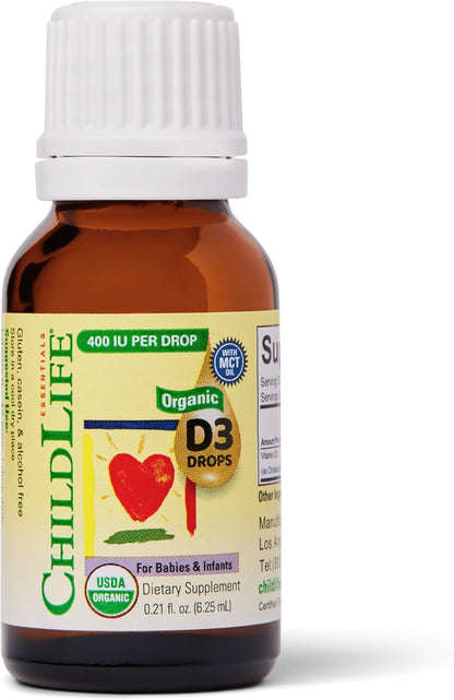 ChildLife Essentials Organic Vitamin D3 Drops – for Infants & Newborns, 400 IU per Serving, USDA Organic, Flavourless (approx. 6 ml)
