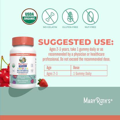 MARYRUTH'S Organics Toddler Multivitamin Gummies + Postbiotics | USDA Organic | Vitamins for Kids Ages 2+ | Immune Support | Vitamin C | Vitamin D3 | Vitamin A | Zinc | Vegan | Non-GM | 60 Servings