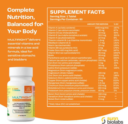MULTIRIGHT Low Acid Multivitamin | Bladder-Friendly | 14 Vitamins and 14 Minerals | pH Balanced | 90 Tablets