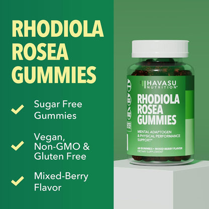Rhodiola Rosea Gummies - Sugar Free Rhodiola Supplement - Adaptogen for Mental Clarity and Physical Performance - 60 Count - Vegan, Non-GMO and Gluten-free - Mixed Berry Flavour