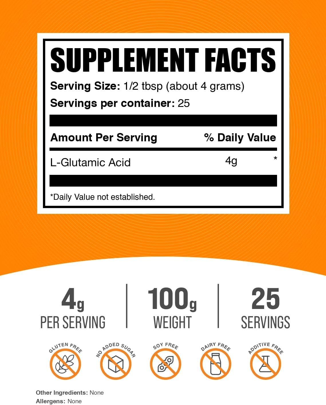BulkSupplements L-Glutamic Acid Powder – 100g, Unflavoured, Gluten-free - görsel 2