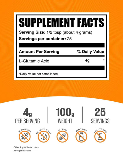 BulkSupplements L-Glutamic Acid Powder – 100g, Unflavoured, Gluten-free
