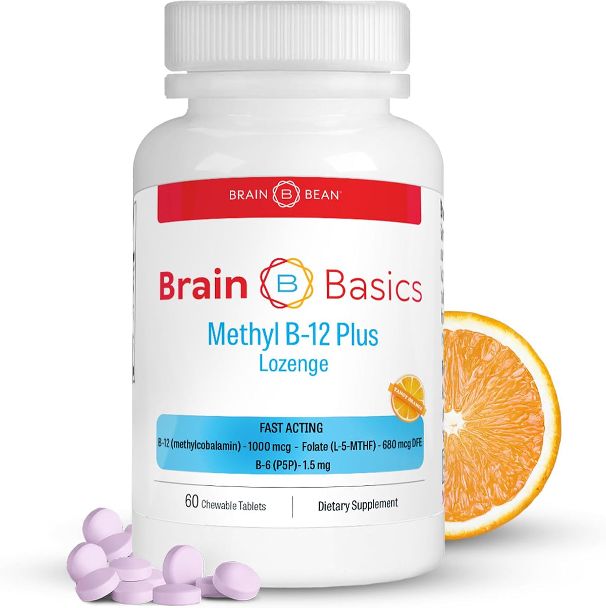Brain Bean Extra Strength Methyl B12 & Methyl Folate – 60 Chewable Tablets, Orange Citrus - görsel 1
