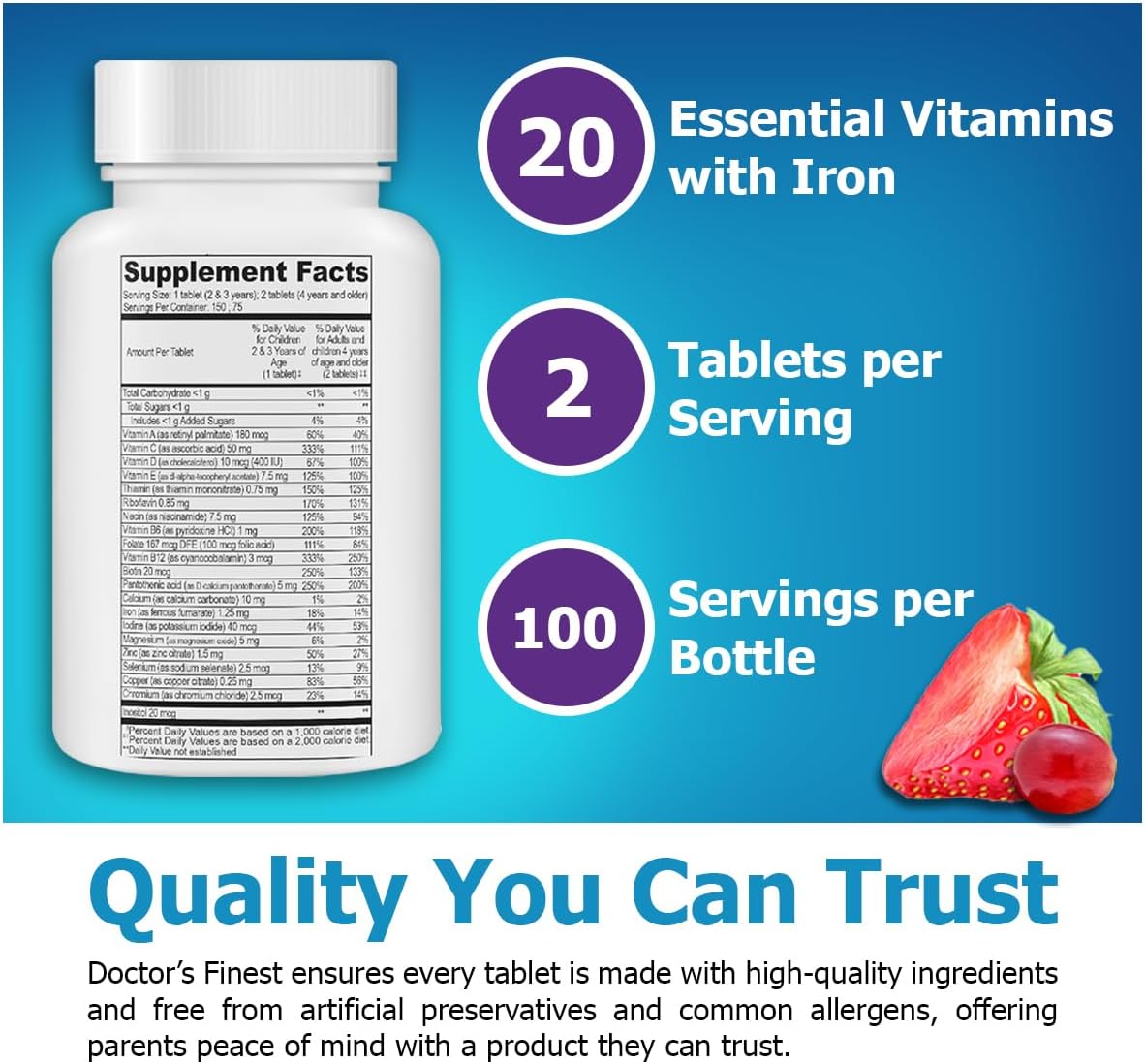 Doctor's Finest Kids Multivitamin & Multimineral with Iron, Grape & Berry, 150 Chewable Tablets - görsel 4