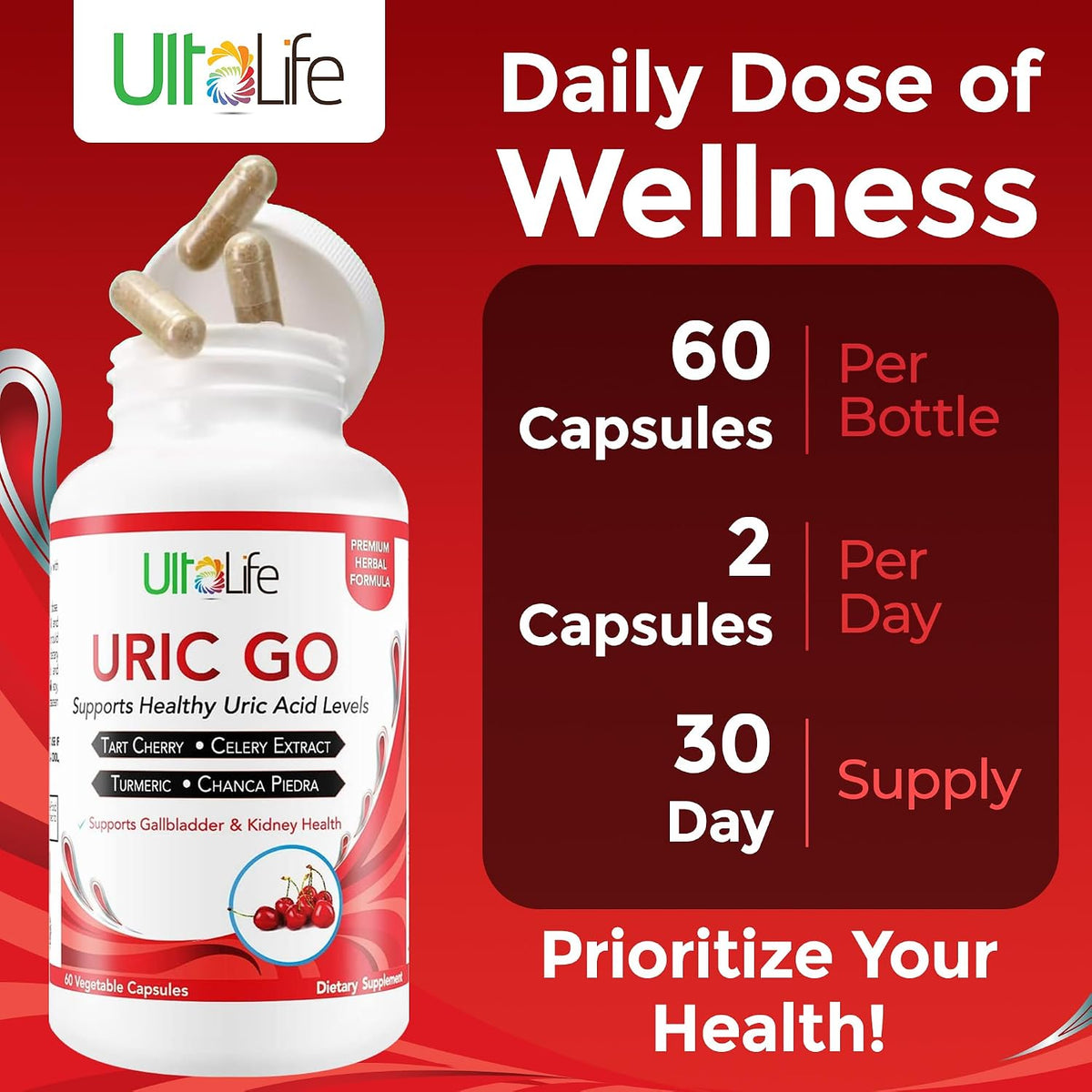 ULTALIFE URIC GO Uric Acid Support Supplement with Chanca Piedra and Tart Cherry - 60 Capsules - görsel 6