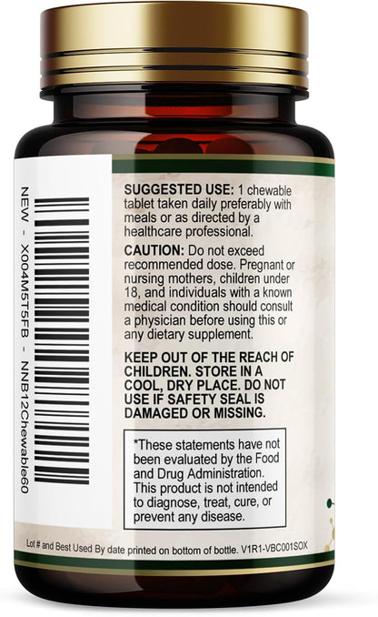 Vitamin B12 1000 mcg Methylcobalamin Chewable Tablets – Energy, Nervous System & Brain Support – Vegan, Non-GMO, Gluten-free – 60 Count