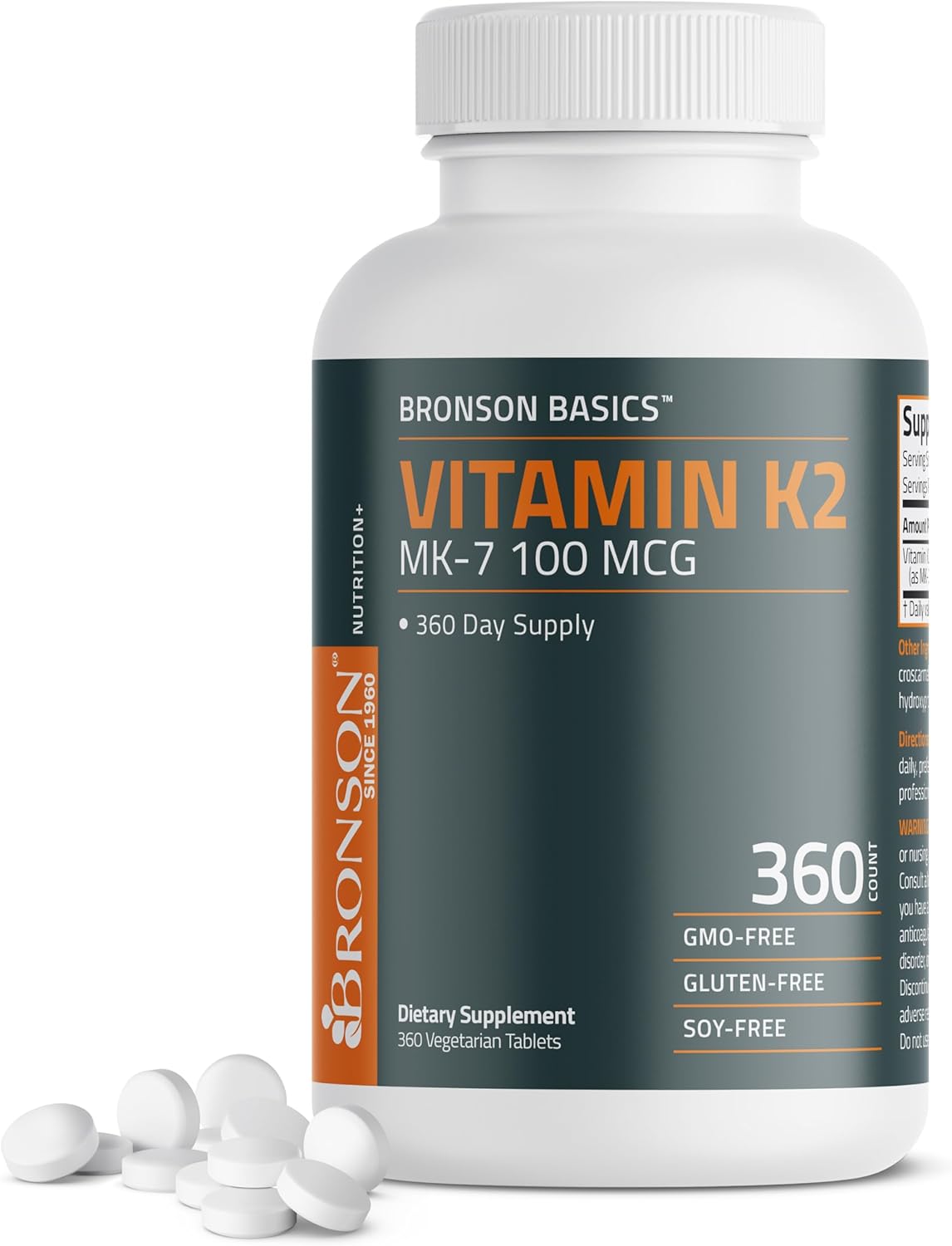 Bronson Vitamin K2 MK-7 100 MCG, K2 as MK7 Menaquinone, Bone Support, 360 Tablets - görsel 1