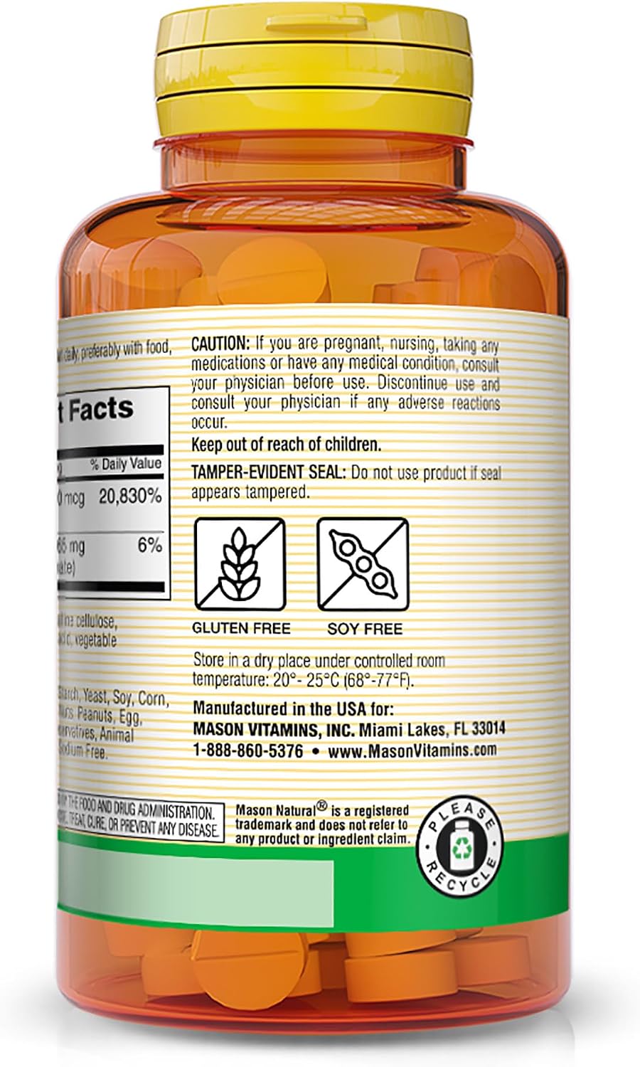 MASON NATURAL Vitamin B12 500 mcg with Calcium - 100 Tablets - görsel 3