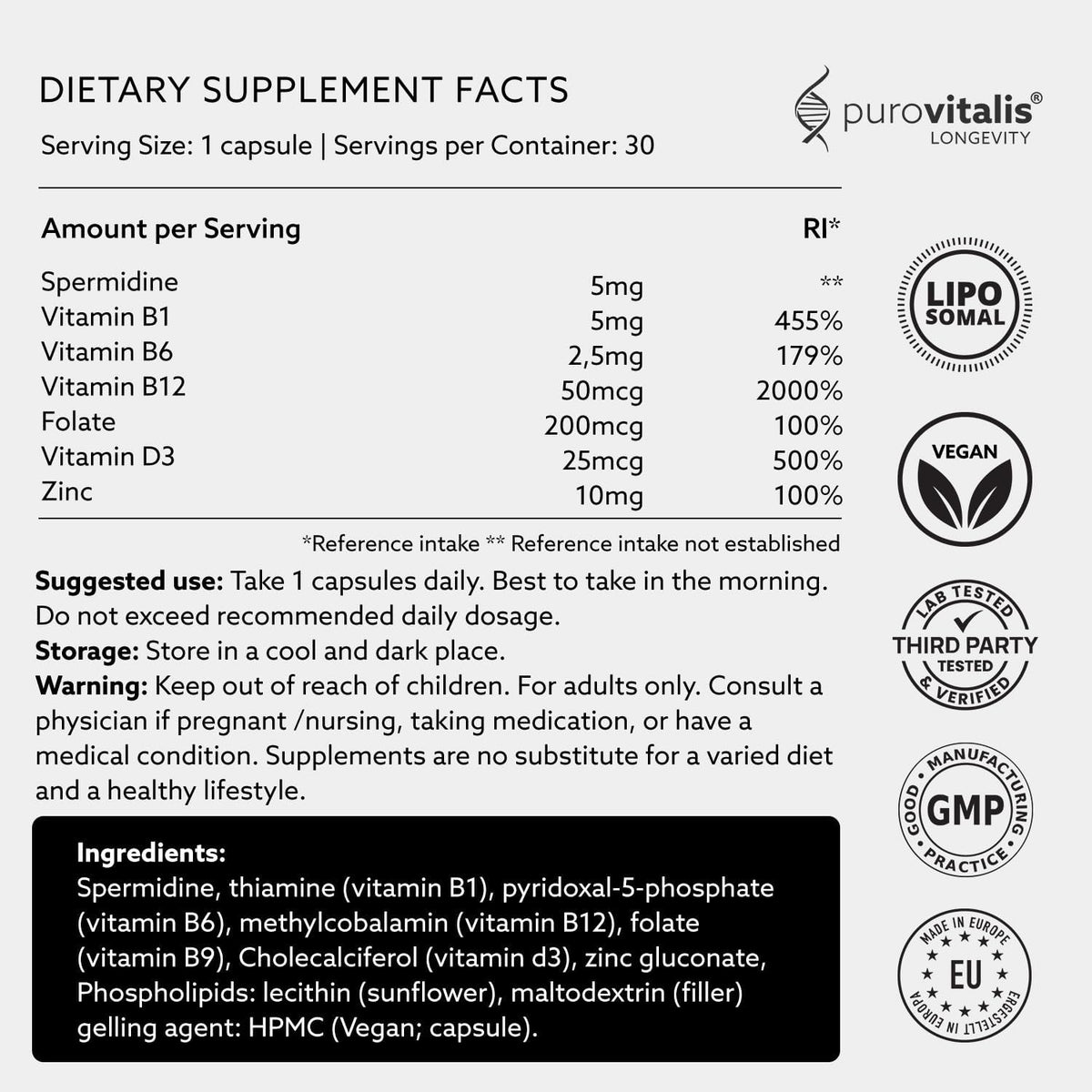 PUROVITALIS Liposomal Spermidine 5mg with Zinc, Vitamin D3 & B12 – Cell Renewal & Anti-ageing Supplement, 30 Vegan Capsules - görsel 4