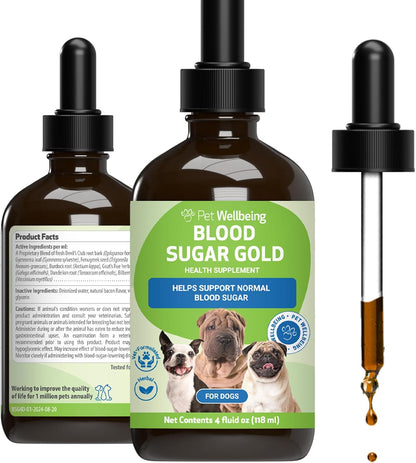 Pet Wellbeing Blood Sugar Gold for Dogs - Holistic Support for Healthy Blood Sugar Levels, Insulin Stabilisation & Normal Pancreatic Function - NASC Certified & Vet-Formulated - 118 ml Liquid