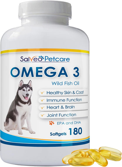 Omega 3 Fish Oil for Dogs – Natural Pet Supplement for Shiny Coat, Wild Caught, 180 Capsules