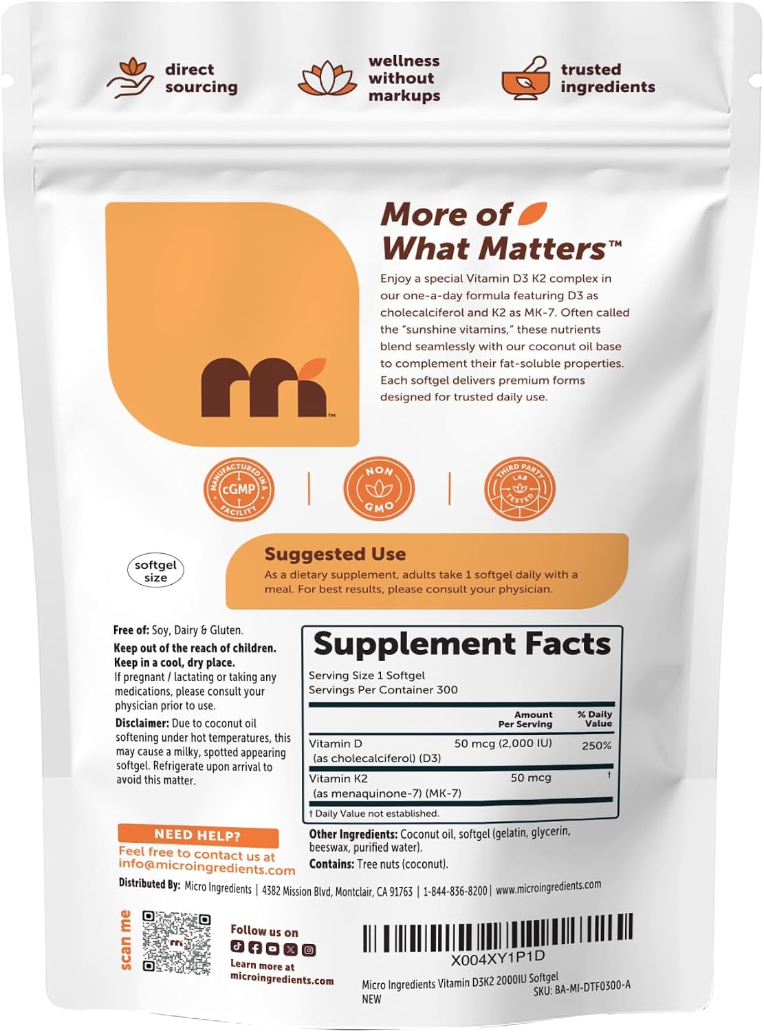 Micro Ingredients Vitamin D3 2,000 IU + K2 MK-7 50 mcg, 300 Softgels | Made with Coconut Oil | 2-in-1 Formula | Easy to Swallow, Non-GMO - görsel 7