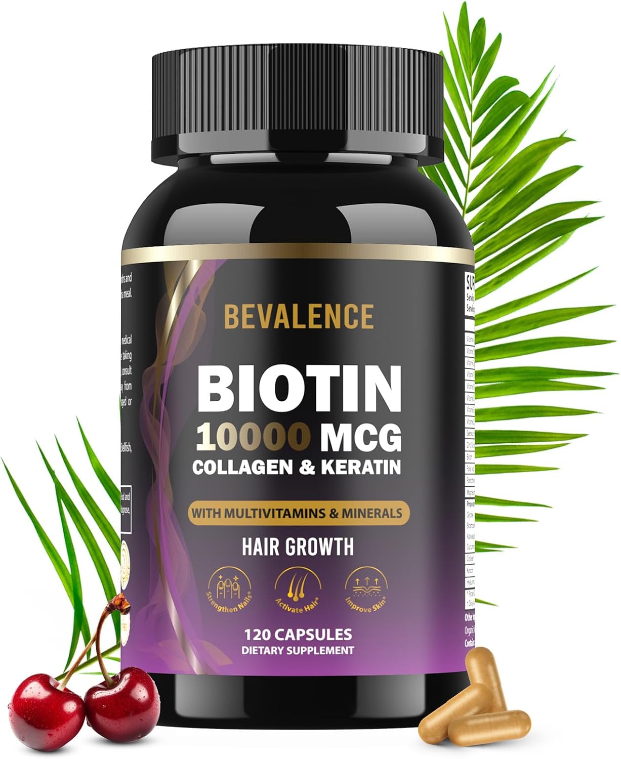 Bevalence Biotin 10,000mcg for Hair, Skin and Nails – with Collagen and Keratin (120 Capsules) - görsel 1
