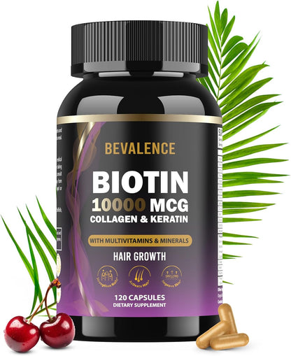 Bevalence Biotin 10,000mcg for Hair, Skin and Nails – with Collagen and Keratin (120 Capsules)