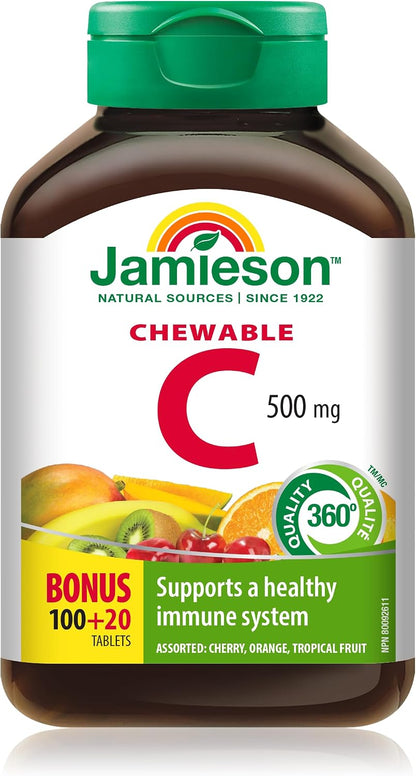 Jamieson Laboratories Vitamin C Chewable 500mg, Mixed Fruit Flavours, 120 Tablets