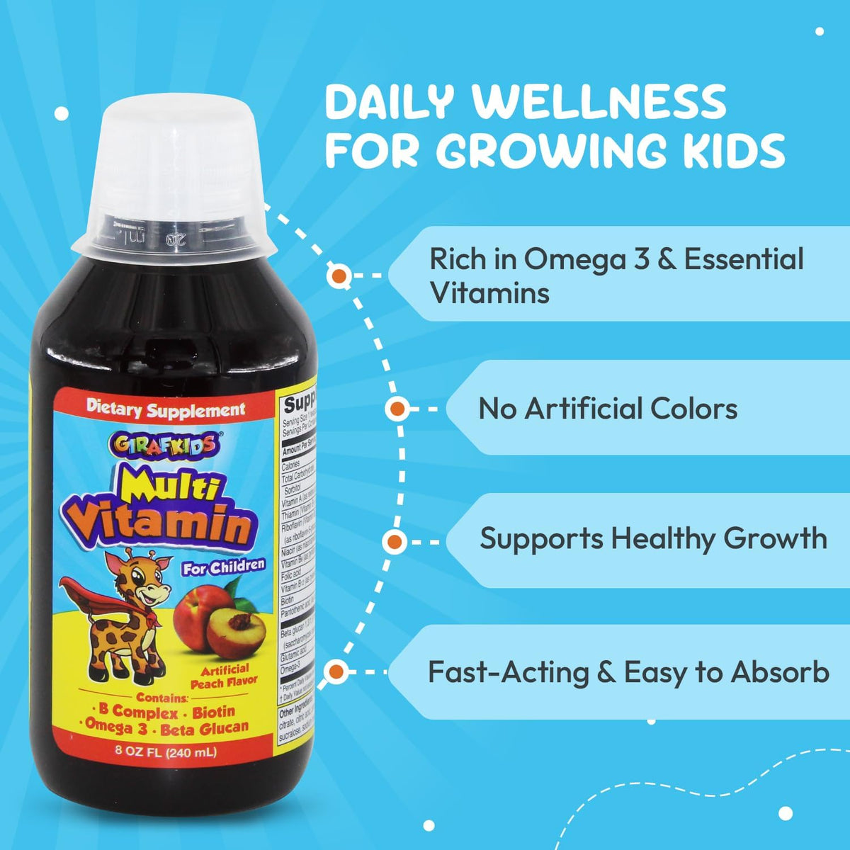 GirafKids Liquid Multivitamin for Children Aged 4+ - Daily Supplement with Omega-3, Beta Glucan & B Complex - 237 ml - görsel 3
