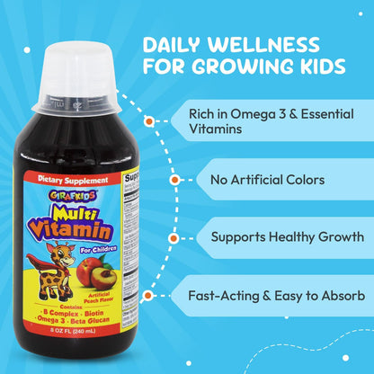 GirafKids Liquid Multivitamin for Children Aged 4+ - Daily Supplement with Omega-3, Beta Glucan & B Complex - 237 ml