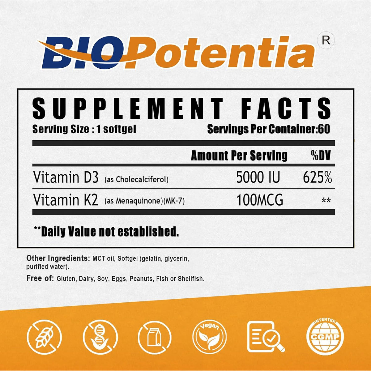 BIO POTENTIA Vitamin D3 K2 with MCT Oil - 5000 IU D3 & 100mcg K2 (MK-7) - Bone, Teeth & Immune Support - Non-GMO, Gluten-free - 60 Soft gel capsules - görsel 2