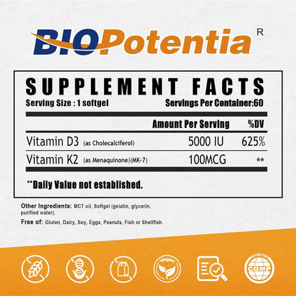 BIO POTENTIA Vitamin D3 K2 with MCT Oil - 5000 IU D3 & 100mcg K2 (MK-7) - Bone, Teeth & Immune Support - Non-GMO, Gluten-free - 60 Soft gel capsules