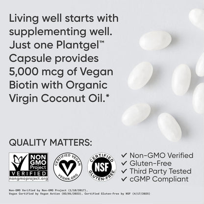 Sports Research Biotin 5,000mcg with Organic Coconut Oil - Vitamin B7 for Healthy Hair and Skin Support - Vegan, Non-GMO, Gluten & Soya-Free - 30 Veggie Softgels