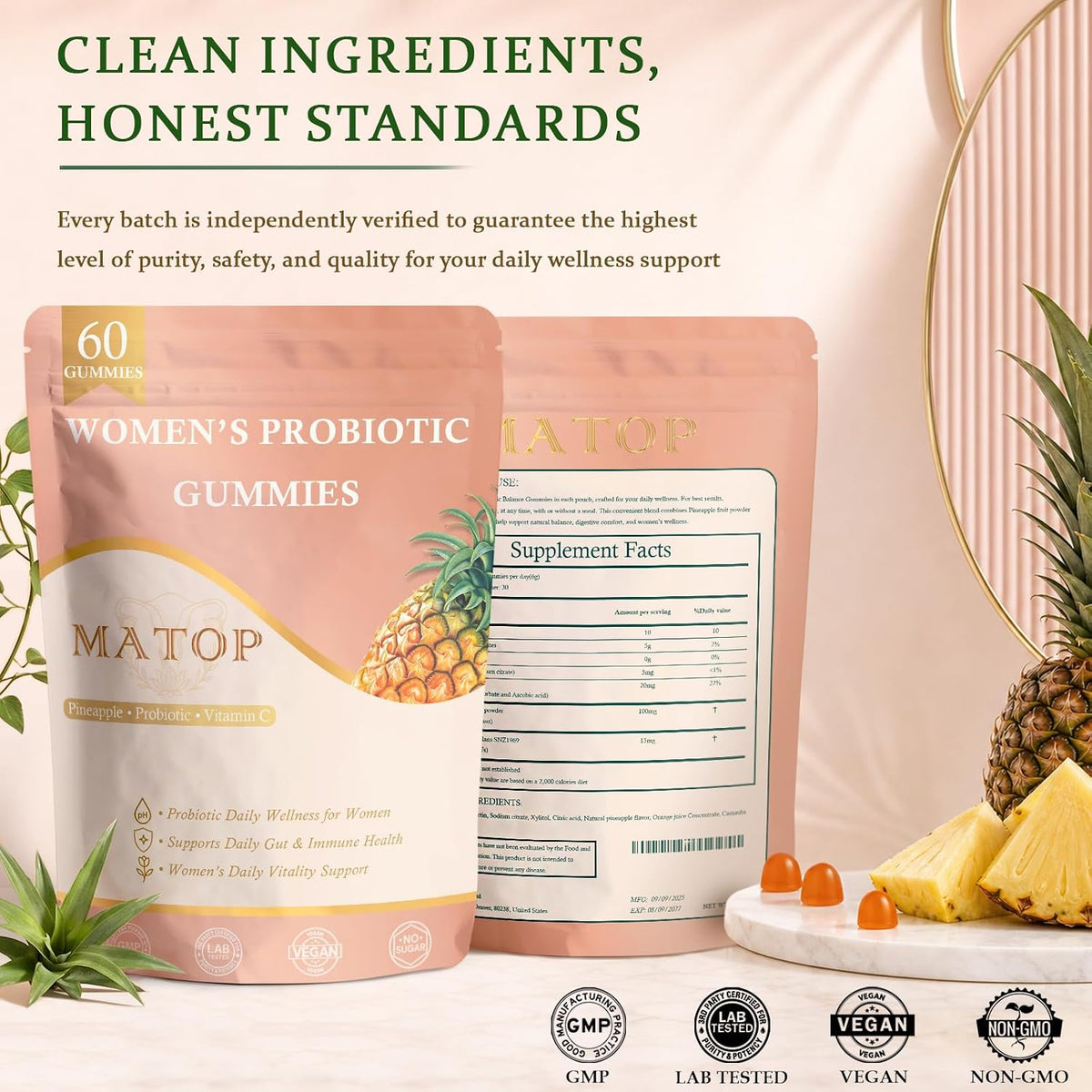 MATOP Women’s Probiotic Pineapple Gummies – Gut Health & pH Balance Daily Digestive Feminine Wellness, Vegan Sugar-Free, 60 Count - görsel 4