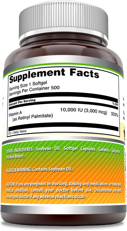 Amazing Formulae Vitamin A 10000 IU (3000 mcg) Soft gel capsules – Non-GMO, Gluten-free – 500 Count