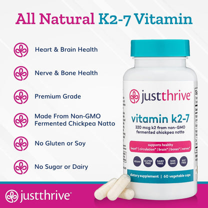 Just Thrive Vitamin K2-7 - Bone Health K2 Vitamin Supplement, 60 Capsules