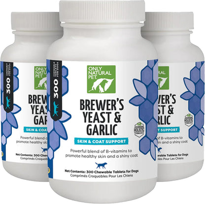 Only Natural Pet Brewer's Yeast & Garlic Chewables for Dogs - All-Natural Flea & Tick Prevention - Fortified with B Vitamins - 300 Chewable Tablets (3 Pack)