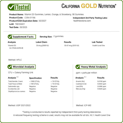 California Gold Nutrition Vitamin D3 Gummies, Lemon, Orange, & Strawberry, 90 Gummies (25 mcg (1,000 IU per Gummy))