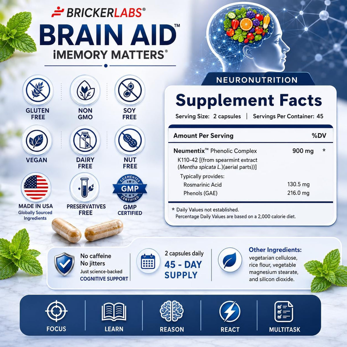 Bricker Labs Brain Aid Memory Matters – Nootropic Brain Supplement with Neumentix Spearmint Extract - görsel 6