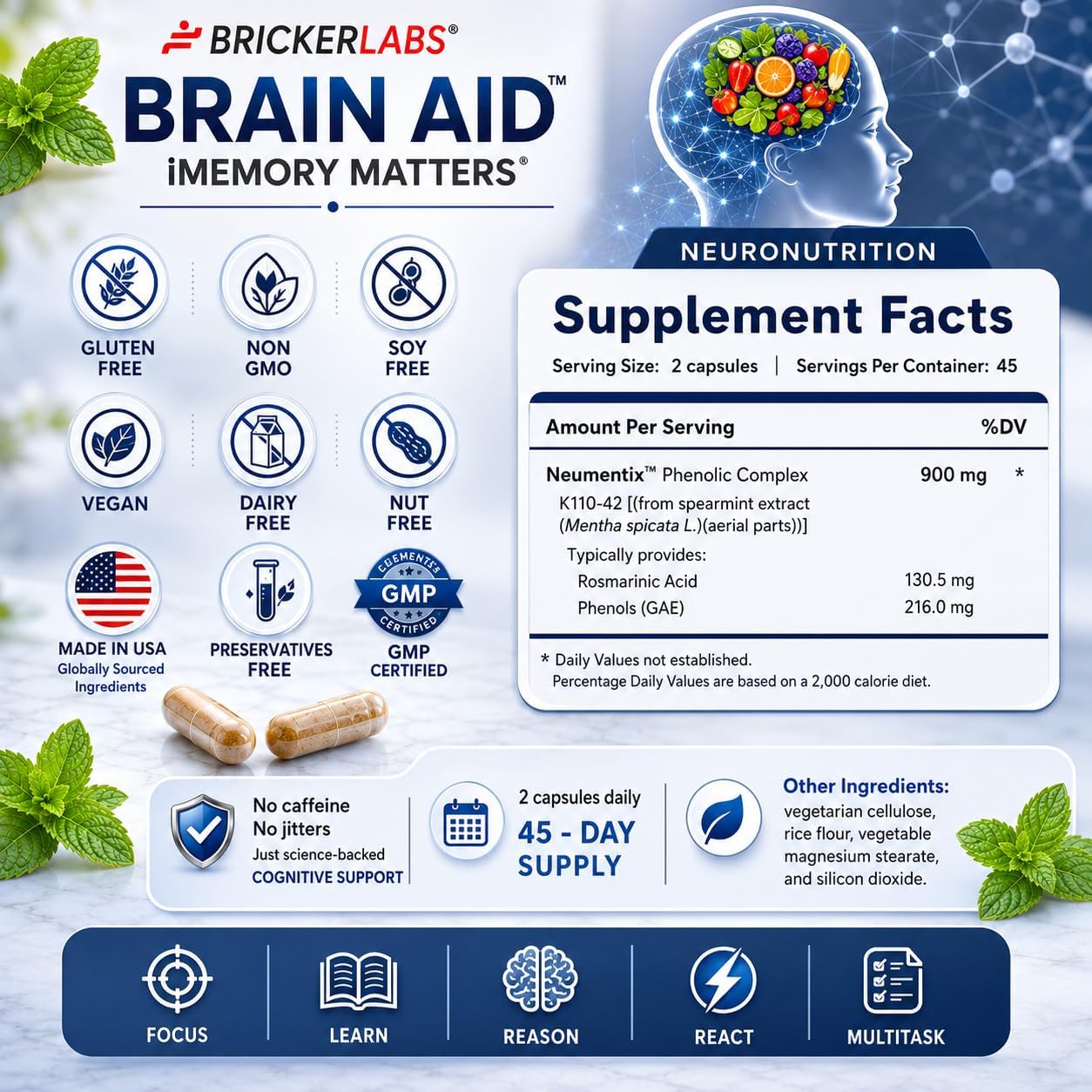Bricker Labs Brain Aid Memory Matters – Nootropic Brain Supplement with Neumentix Spearmint Extract - görsel 6