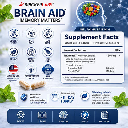 Bricker Labs Brain Aid Memory Matters – Nootropic Brain Supplement with Neumentix Spearmint Extract