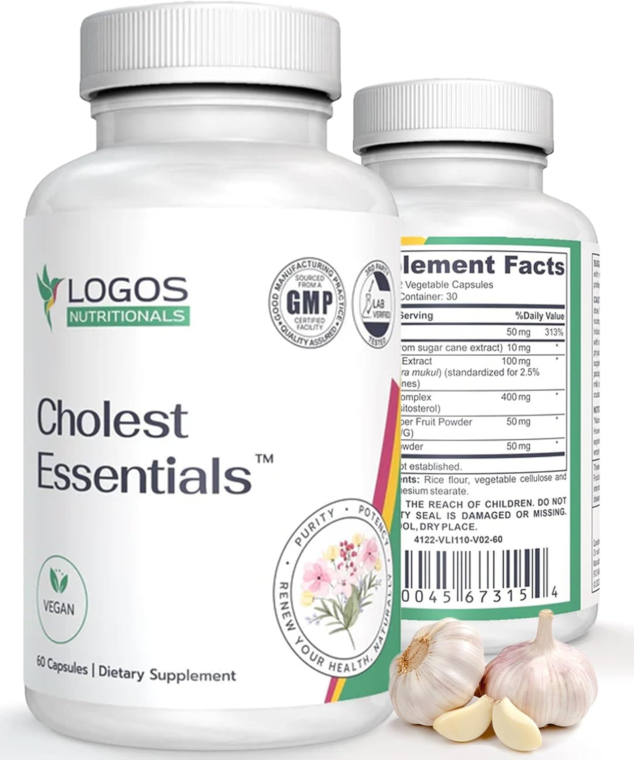 Cholest Essentials - Vegan Supplement with Garlic, Niacin, Policosanol, Guggul, Plant Sterol & Cayenne (60 Capsules) - görsel 1