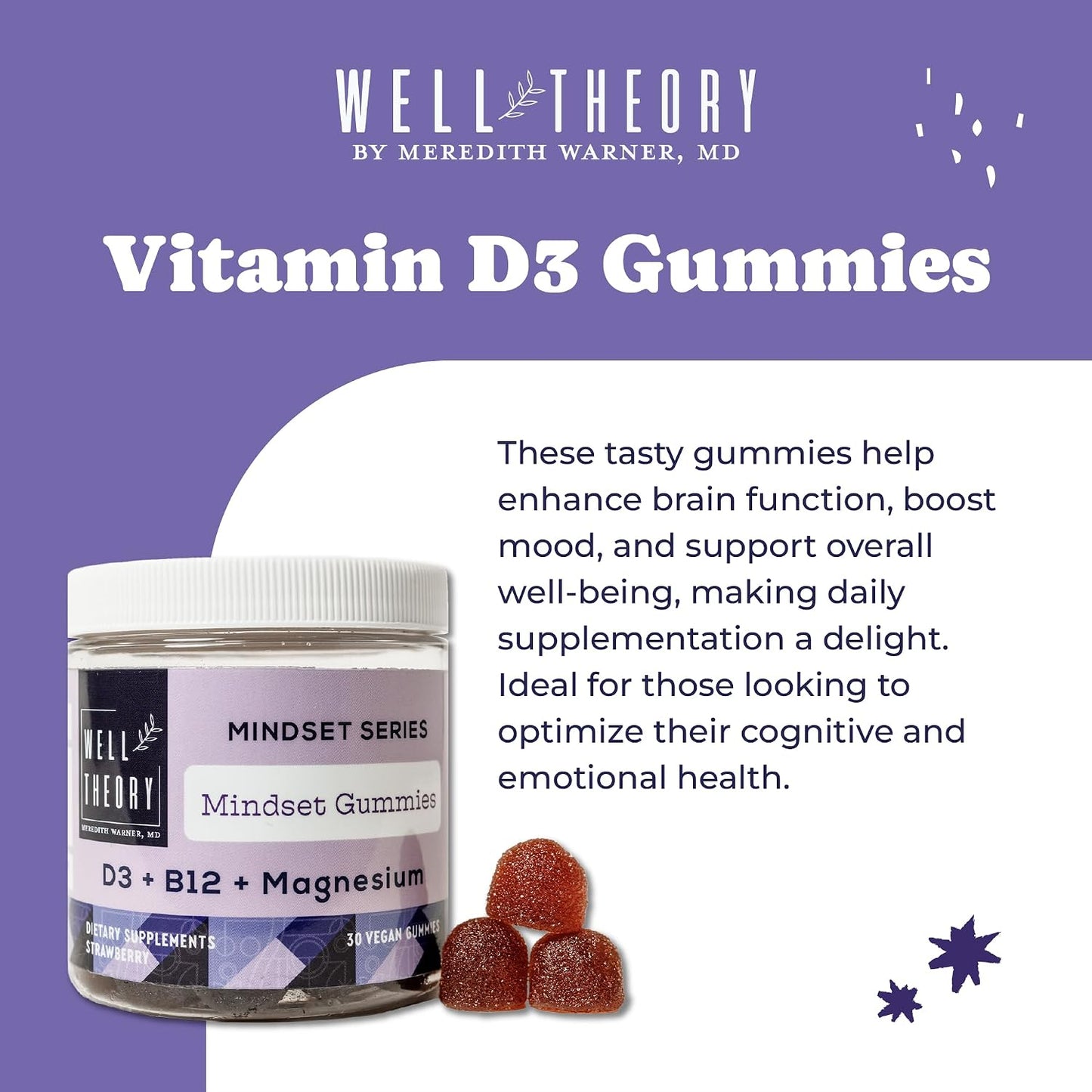 WELL THEORY D3 Gummy - Bone, Immune & Psychological Support with Magnesium & Vitamin B12, Strawberry Flavour, 30 Vegan Gummies - görsel 2