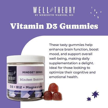 WELL THEORY D3 Gummy - Bone, Immune & Psychological Support with Magnesium & Vitamin B12, Strawberry Flavour, 30 Vegan Gummies