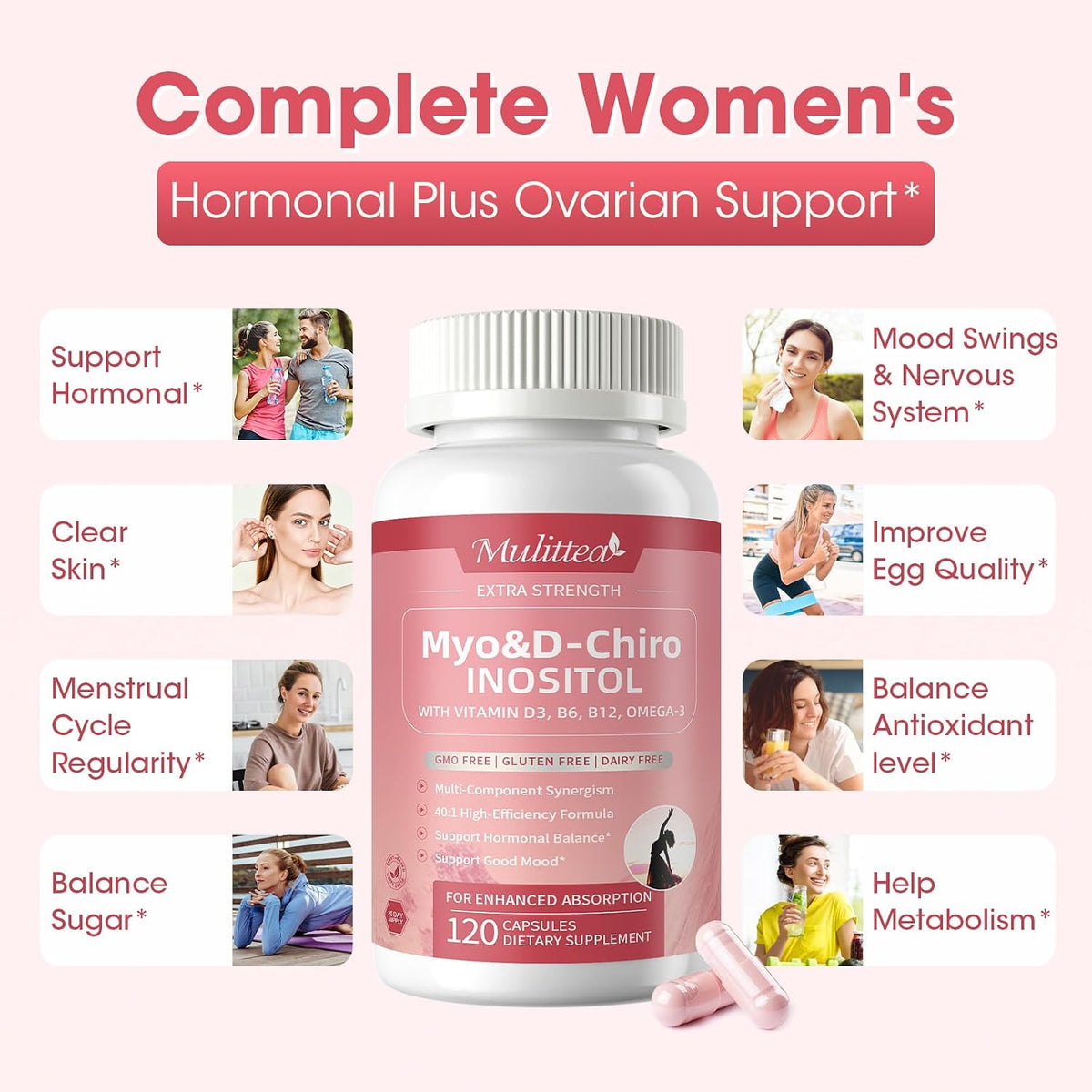 Mulittea Myo-Inositol & D-Chiro Inositol Supplement - 14-in-1 Liposomal with Folic Acid, Omega-3 & Multivitamin for Women, – Image 3