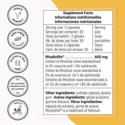 Supersmart Rhodiola Rosea 600mg per Day (Patented & High Strength) - Rhodiolife Rhodiola Supplement - Wild-Crafted - Rosavins 5%, Salidroside 1.8% | Non-GM & Gluten-free - 60 Vegetarian Capsules