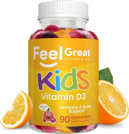 Feel Great Kids Vitamin D3 1000 IU Gummies (2-Pack) | Citrus Flavoured Vegetarian D3 for Immune & Bone Health