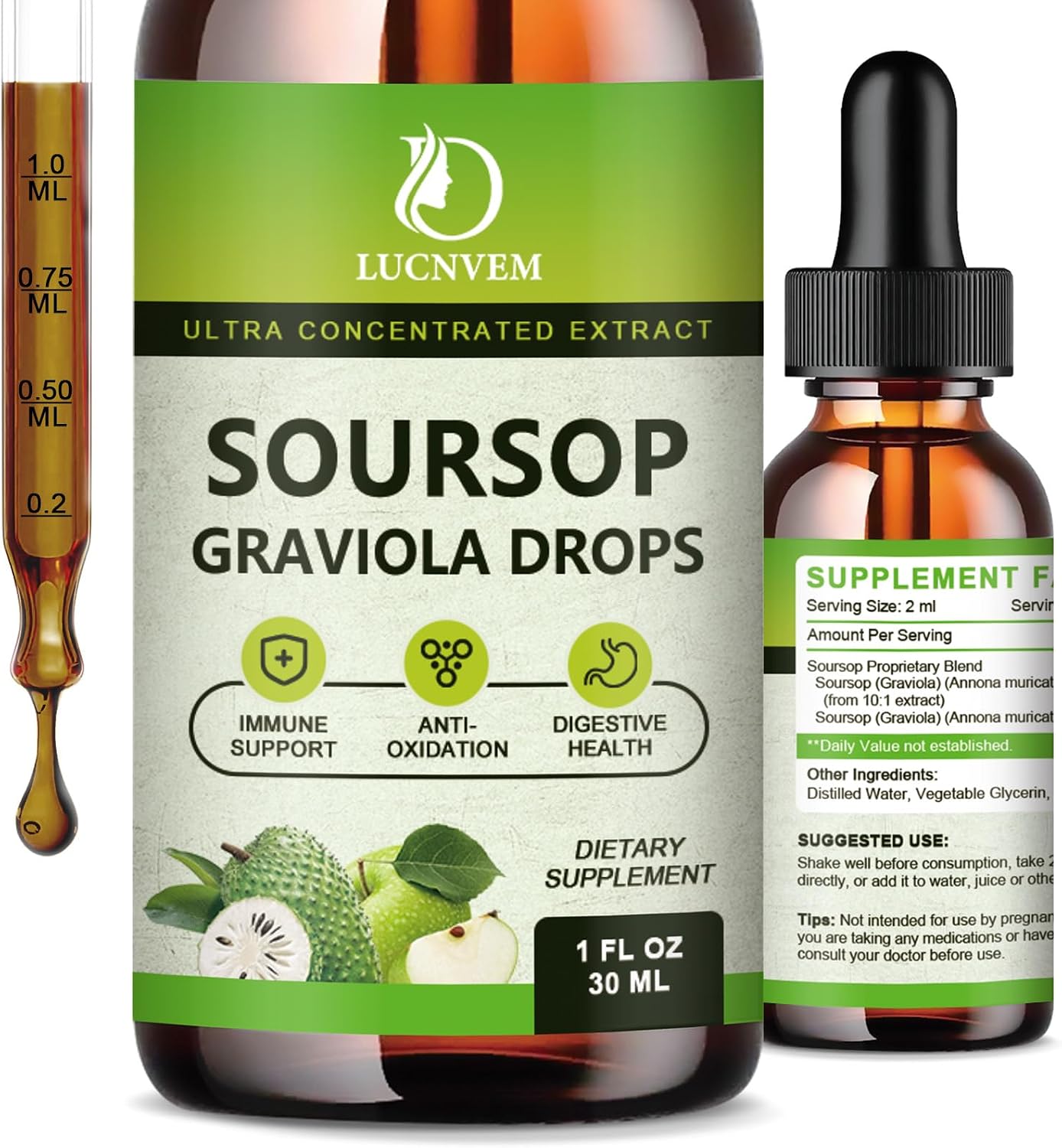 Organic Soursop Graviola Bitters Liquid Drops - Apple Flavour, 60 ml (30-Day Supply) - görsel 1