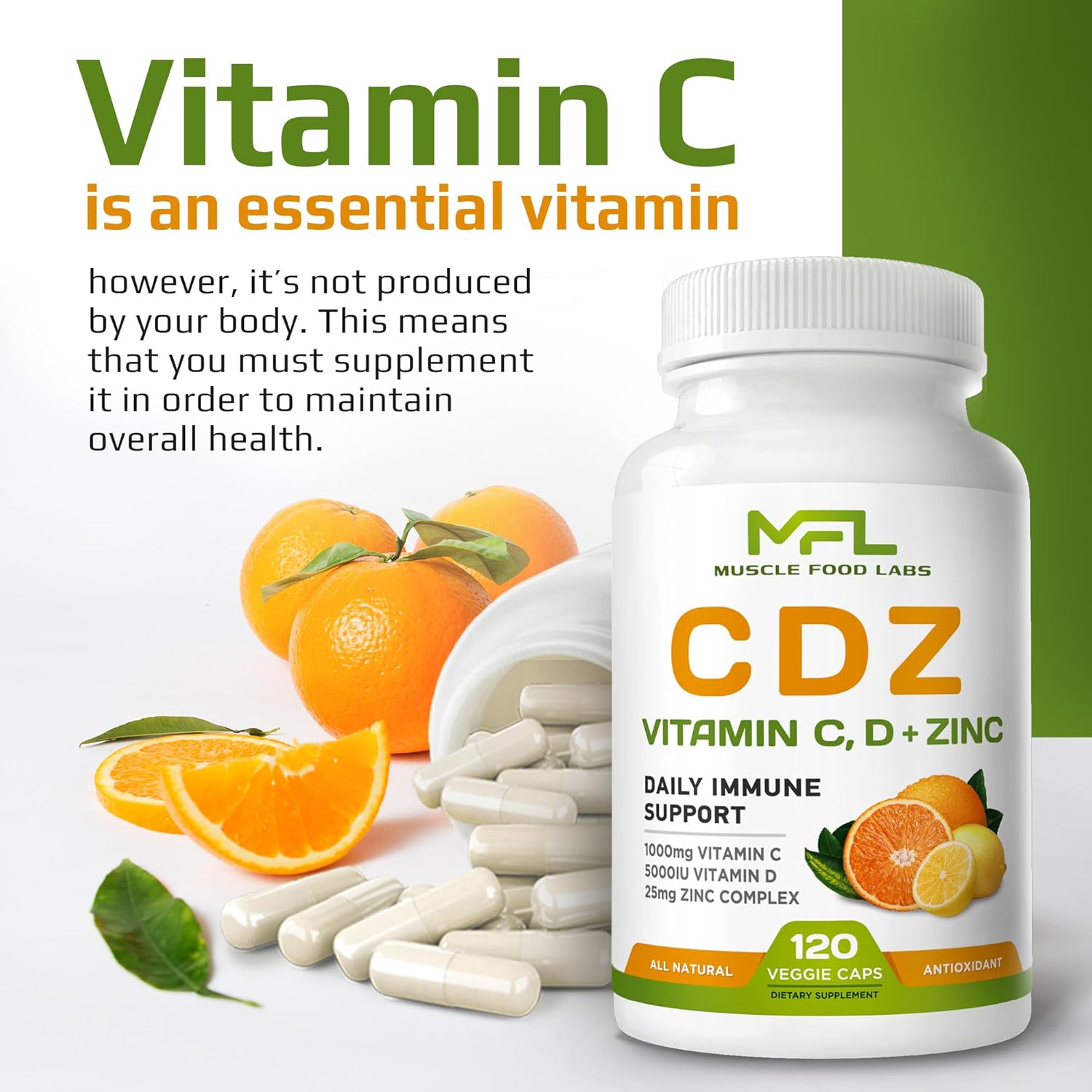 C D Z - Vitamin C 1000mg, Vitamin D3 125mcg (5000 IU), Zinc 25mg - 120 Vegetarian Capsules - görsel 4