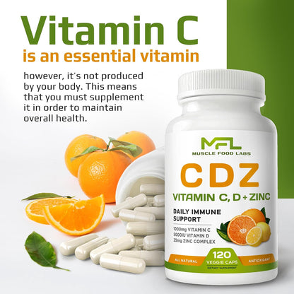 C D Z | Vitamin C, 1000mg | Vitamin D3, 125mcg | Zinc, 25mg | Non-GMO & Gluten-free | 120 Vegetarian Capsules | 120 Servings