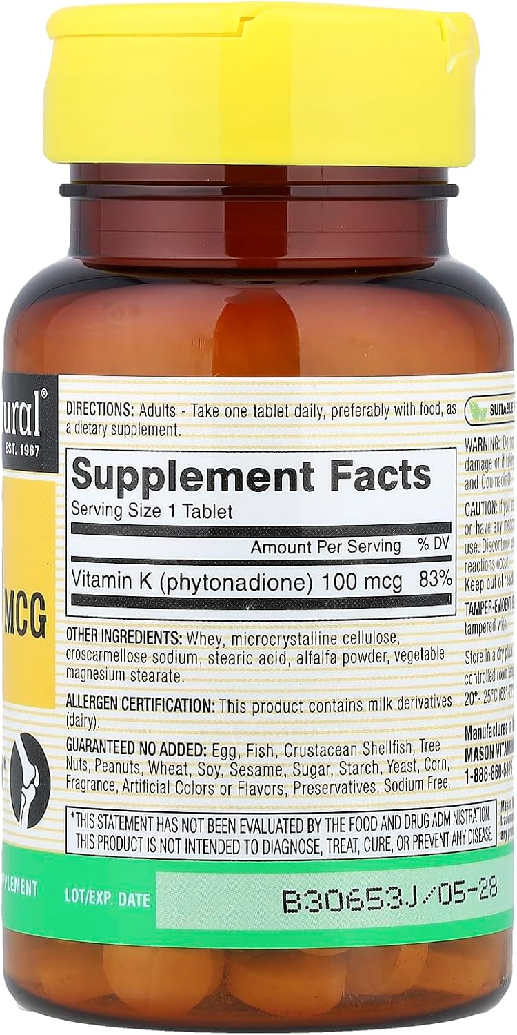 MASON NATURAL Vitamin K, 100 mcg, 100 Tablets - görsel 2